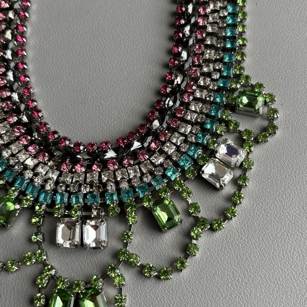 Vintage Juicy Couture Pink Green Rhinestone Statement Bib Necklace 15